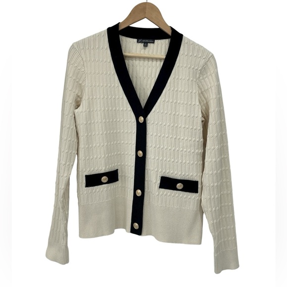 Adrianna Papell V Neck Cable Knit Gold Button Cardigan Sweater Cream Black - M - Picture 1 of 8